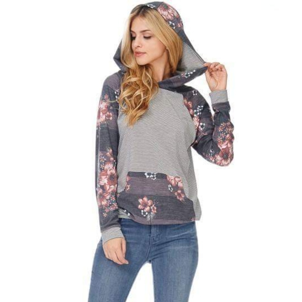 Floral & Striped Spring Hoodie Gray Navy Pink